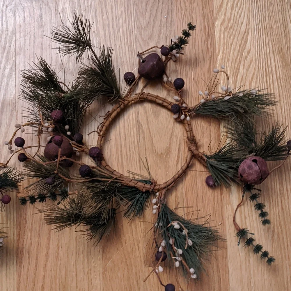 Rustic Candle Rings Evergreen Berries Bells Western Country Farmhouse Christmas